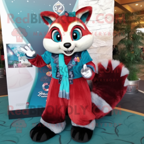 Teal Red Panda mascot costume character dressed with a A-Line Skirt and Shoe clips