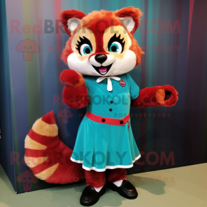 Teal Red Panda mascot costume character dressed with a A-Line Skirt and Shoe clips