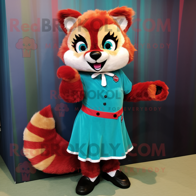 Teal Red Panda mascot costume character dressed with a A-Line Skirt and Shoe clips Teal Red Panda mascot costume character dressed with a A-Line Skirt and Shoe clips