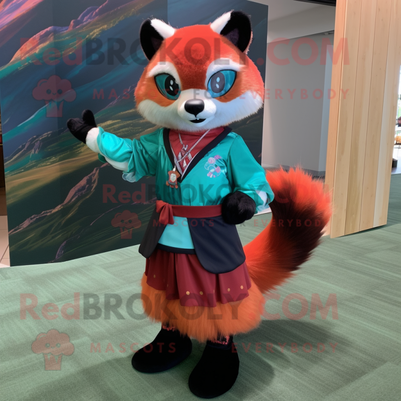 Teal Red Panda mascot costume character dressed with a A-Line Skirt and Shoe clips