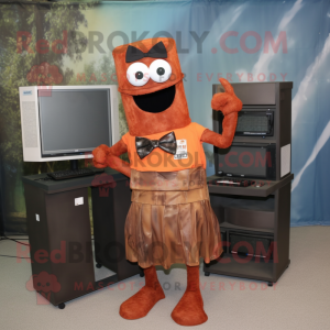Rust Computer mascot costume character dressed with a Empire Waist Dress and Bow ties