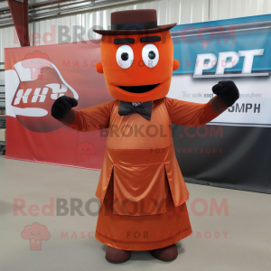 Rust Computer mascot costume character dressed with a Empire Waist Dress and Bow ties