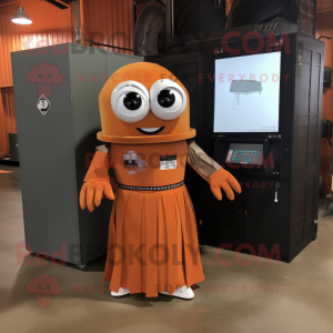 Rust Computer mascot costume character dressed with a Empire Waist Dress and Bow ties