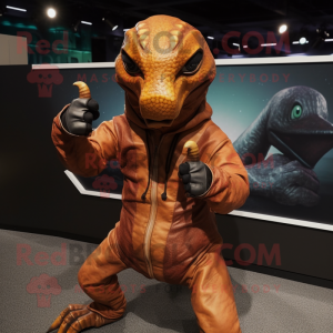 Rust Parasaurolophus mascot costume character dressed with a Hoodie and Bracelets