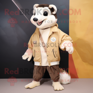 Beige Badger mascot costume character dressed with a Windbreaker and Shawl pins
