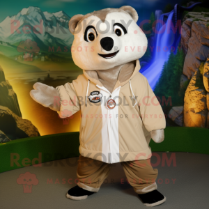 Beige Badger mascot costume character dressed with a Windbreaker and Shawl pins