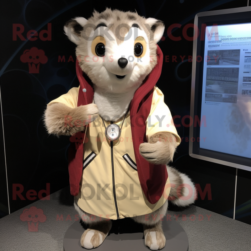 Beige Badger mascot costume character dressed with a Windbreaker and Shawl pins