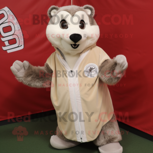 Beige Badger mascot costume character dressed with a Windbreaker and Shawl pins