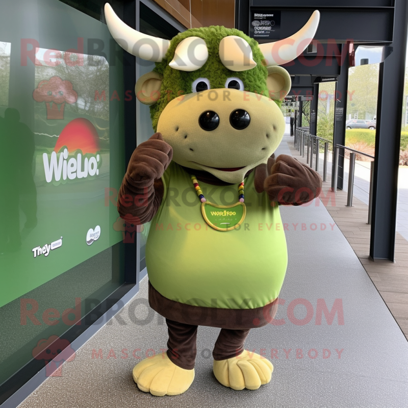 Olive Bull mascot costume character dressed with a Mini Dress and Beanies Olive Bull mascot costume character dressed with a Mini Dress and Beanies