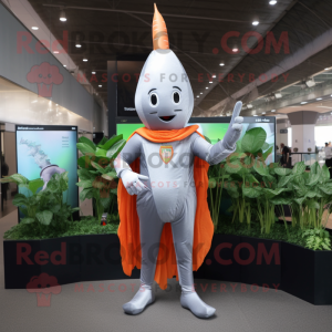 Silver Carrot mascot costume character dressed with a Bodysuit and Lapel pins