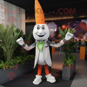 Silver Carrot mascot costume character dressed with a Bodysuit and Lapel pins