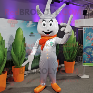 Silver Carrot mascot costume character dressed with a Bodysuit and Lapel pins