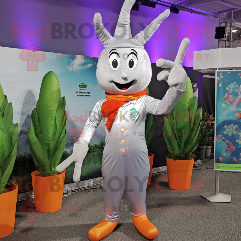 Silver Carrot mascot costume character dressed with a Bodysuit and Lapel pins Silver Carrot mascot costume character dressed with a Bodysuit and Lapel pins