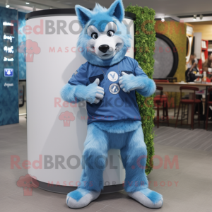 Sky Blue Wolf mascot costume character dressed with a Bootcut Jeans and Smartwatches