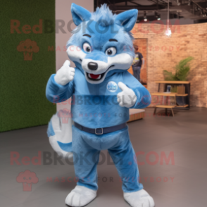 Sky Blue Wolf mascot costume character dressed with a Bootcut Jeans and Smartwatches