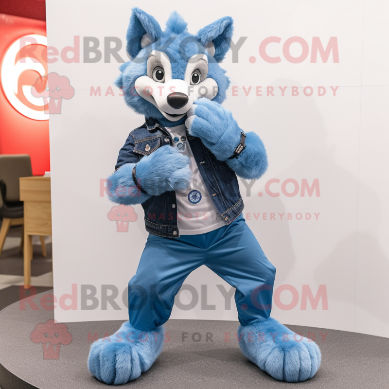 Sky Blue Wolf mascot costume character dressed with a Bootcut Jeans and Smartwatches