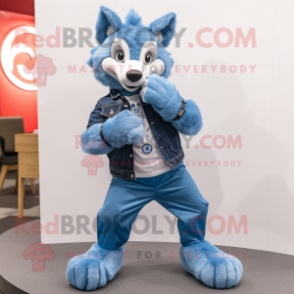 Sky Blue Wolf mascot costume character dressed with a Bootcut Jeans and Smartwatches