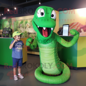 Green Titanoboa mascot costume character dressed with a Henley Shirt and Hairpins