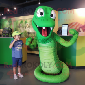 Green Titanoboa mascot costume character dressed with a Henley Shirt and Hairpins