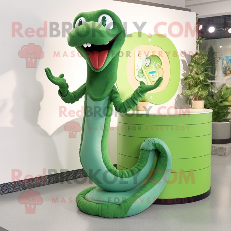 Green Titanoboa mascot costume character dressed with a Henley Shirt and Hairpins