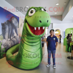 Green Titanoboa mascot costume character dressed with a Henley Shirt and Hairpins