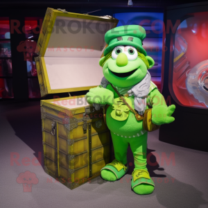 Lime Green Treasure Chest mascot costume character dressed with a Cargo Pants and Berets