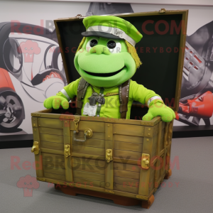 Lime Green Treasure Chest mascot costume character dressed with a Cargo Pants and Berets