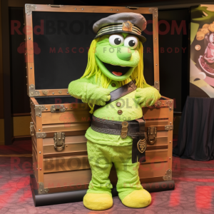 Lime Green Treasure Chest mascot costume character dressed with a Cargo Pants and Berets