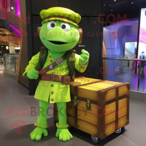 Lime Green Treasure Chest mascot costume character dressed with a Cargo Pants and Berets