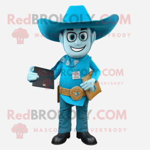 Cyan Cowboy mascot costume character dressed with a Sheath Dress and Wallets