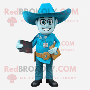 Cyan Cowboy maskot kostume...