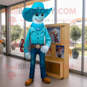 Cyan Cowboy mascot costume character dressed with a Sheath Dress and Wallets