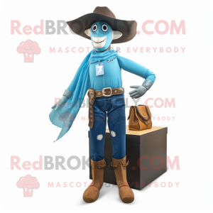 Cyan Cowboy mascot costume character dressed with a Sheath Dress and Wallets