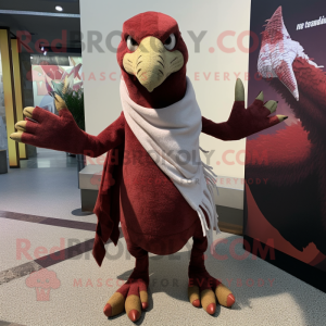 Maroon Utahraptor mascot costume character dressed with a Graphic Tee and Scarves