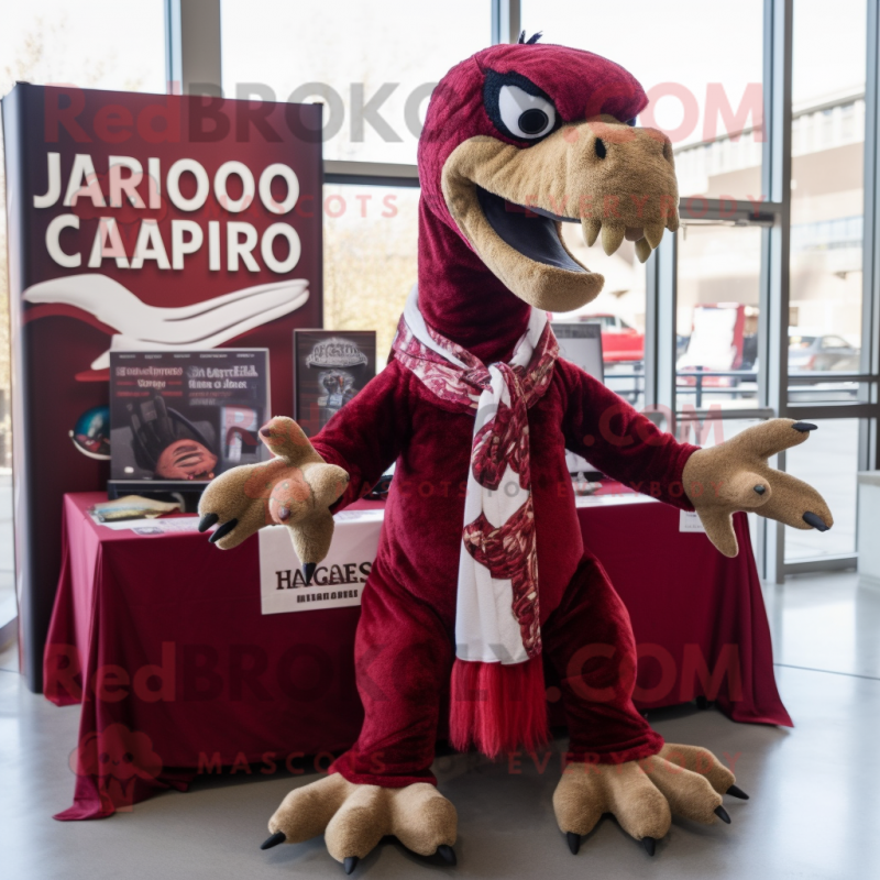 Maroon Utahraptor mascot costume character dressed with a Graphic Tee and Scarves