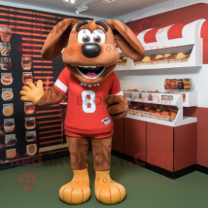 Rust Hot Dogs mascot costume character dressed with a Rugby Shirt and Coin purses