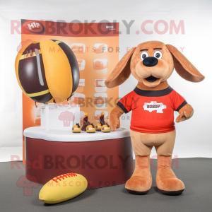 Rust Hot Dogs mascot costume character dressed with a Rugby Shirt and Coin purses