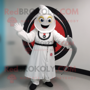 White Knife Thrower mascot costume character dressed with a Raincoat and Rings