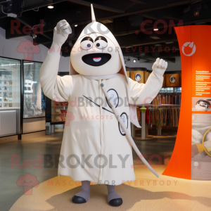 White Knife Thrower mascot costume character dressed with a Raincoat and Rings