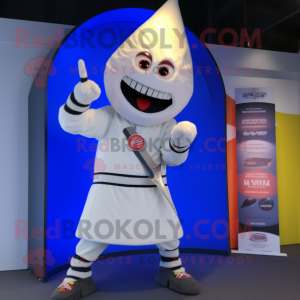 White Knife Thrower mascot costume character dressed with a Raincoat and Rings