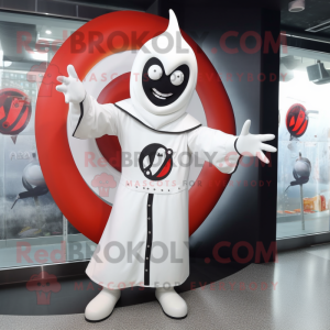 White Knife Thrower mascot costume character dressed with a Raincoat and Rings