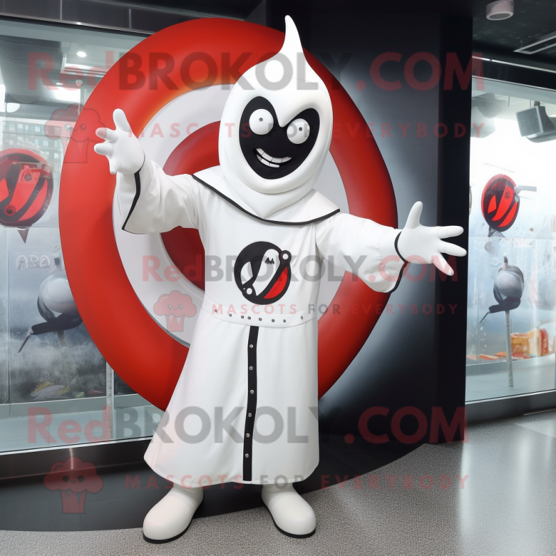 White Knife Thrower mascot costume character dressed with a Raincoat and Rings White Knife Thrower mascot costume character dressed with a Raincoat and Rings