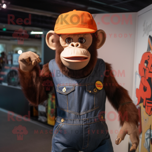 Rust Chimpanzee mascot costume character dressed with a Skinny Jeans and Hats