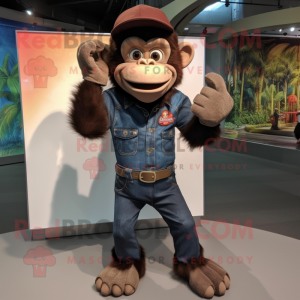 Rust Chimpanzee mascot costume character dressed with a Skinny Jeans and Hats