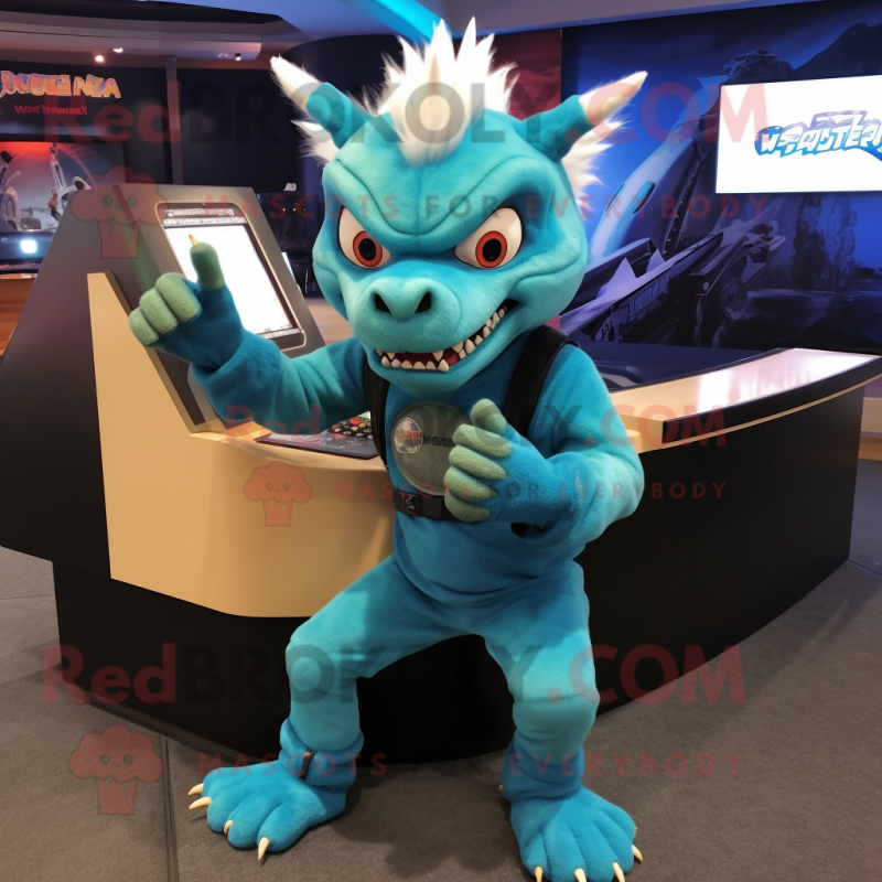 Cyan Chupacabra mascot costume character dressed with a Tank Top and Shoe clips