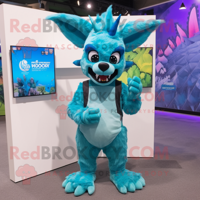Cyan Chupacabra mascot costume character dressed with a Tank Top and Shoe clips Cyan Chupacabra mascot costume character dressed with a Tank Top and Shoe clips
