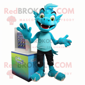 Cyan Chupacabra mascot costume character dressed with a Tank Top and Shoe clips