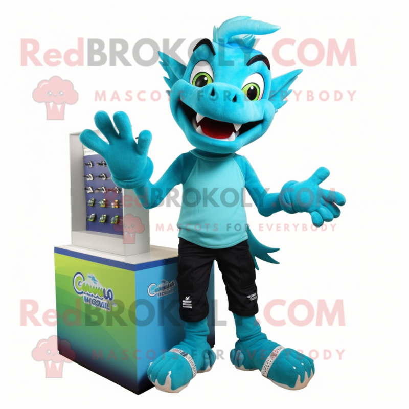 Cyan Chupacabra mascot costume character dressed with a Tank Top and Shoe clips