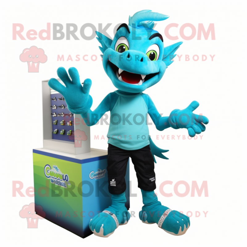 Cyan Chupacabra mascot costume character dressed with a Tank Top and Shoe clips Cyan Chupacabra mascot costume character dressed with a Tank Top and Shoe clips