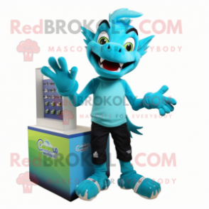 Cyan Chupacabra mascot costume character dressed with a Tank Top and Shoe clips